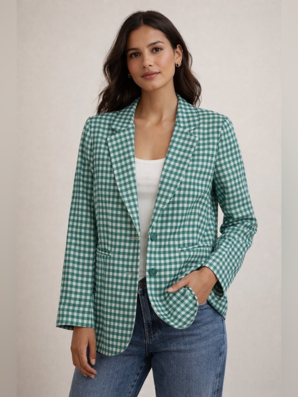 Alya green and white gingham checker picnic summer blazer size small